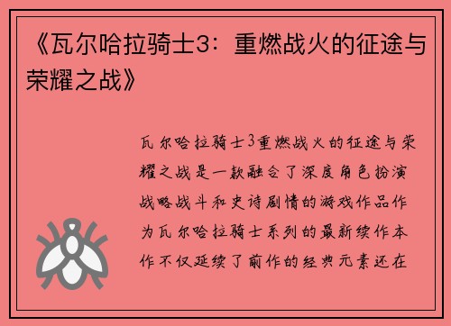 《瓦尔哈拉骑士3：重燃战火的征途与荣耀之战》