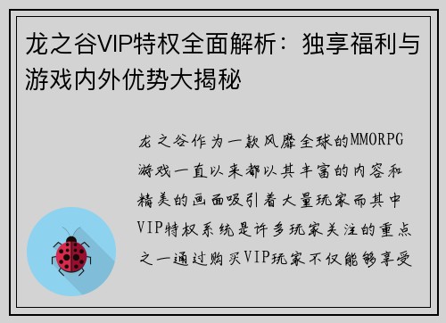 龙之谷VIP特权全面解析:独享福利与游戏内外优势大揭秘
